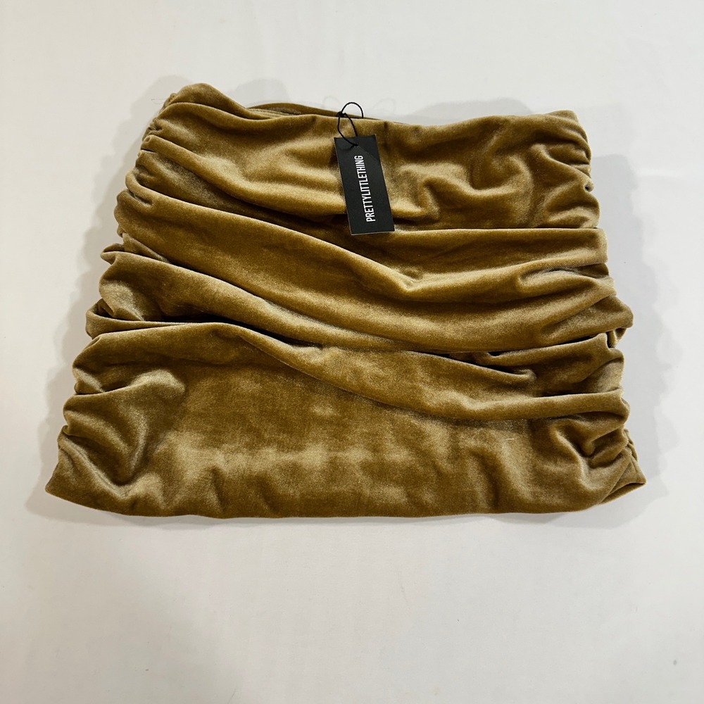 PrettyLittleThing Velvet Ruched Mini Skirt Womens 2 Champagne Gold Party Luxe